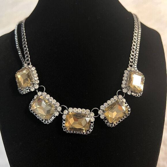 FAUX CITRINE RHINESTONE GLASS SILVER TONE CHOKER DOUBLE CHAIN NECKLACE 16.5"+ 3" - Picture 2 of 10